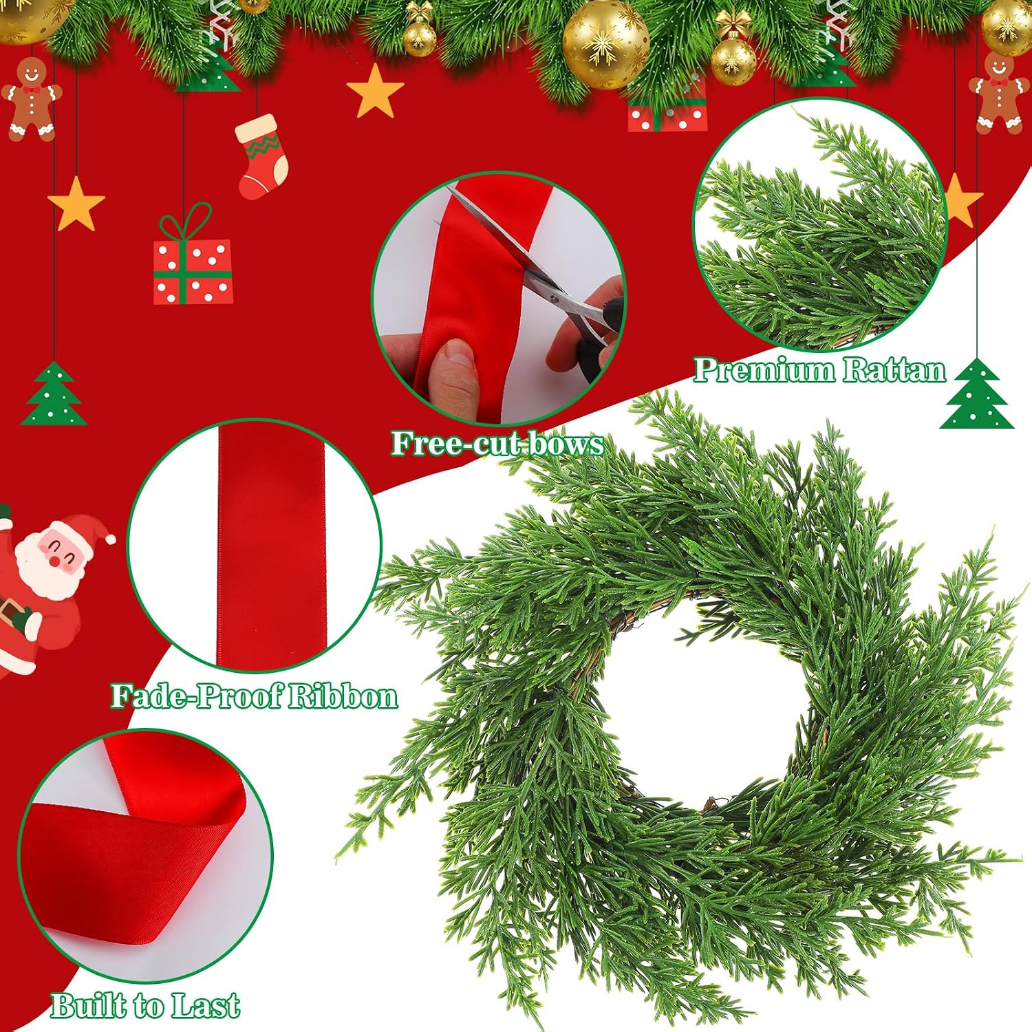 Knitgrip 12 Pcs Small Christmas Cabinet Wreaths with Ribbon, Mini Wreath for Kitchen Window Chair Backs Front Door Xmas Home Decor DIY Craft Farmhouse Holiday Decorations(Red Color,7.87 Inch)